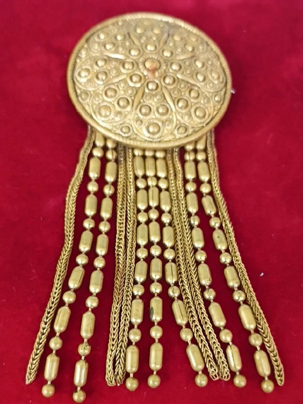 Gold Filigree Round Brooch with Beaded Fringe Vintage